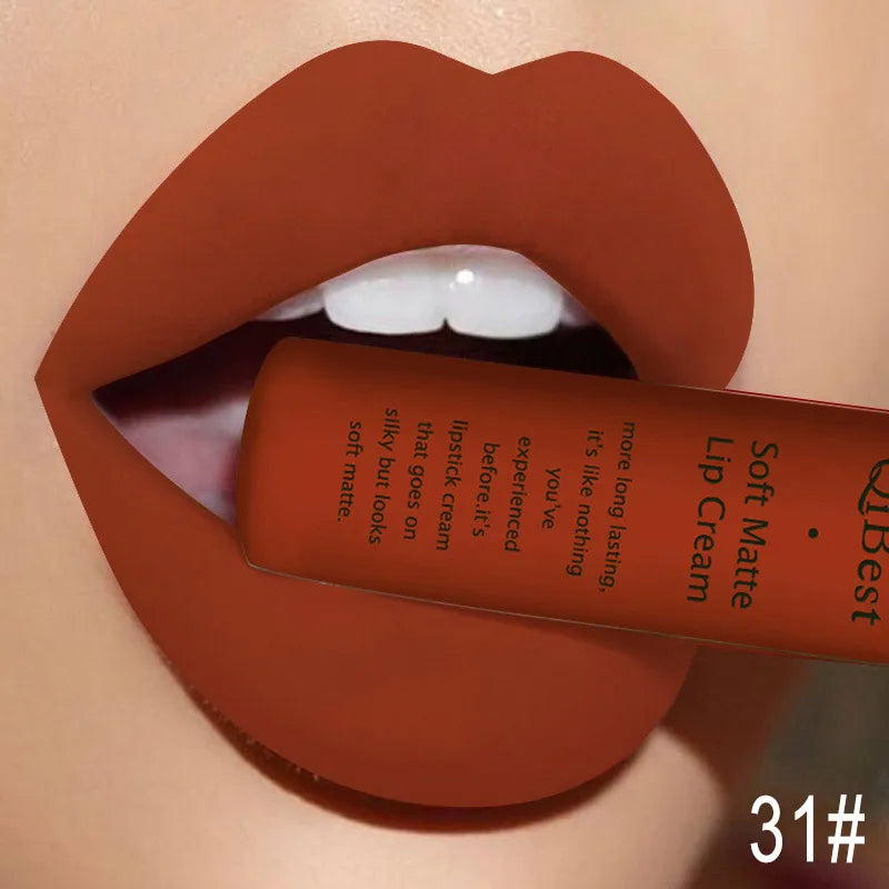 QIBEST Velvet Matte Nude Liquid Lipstick Makeup Sexy Red Lipgloss Waterproof Long-lasting Purple Black Orange Lip Stain Cosmetic