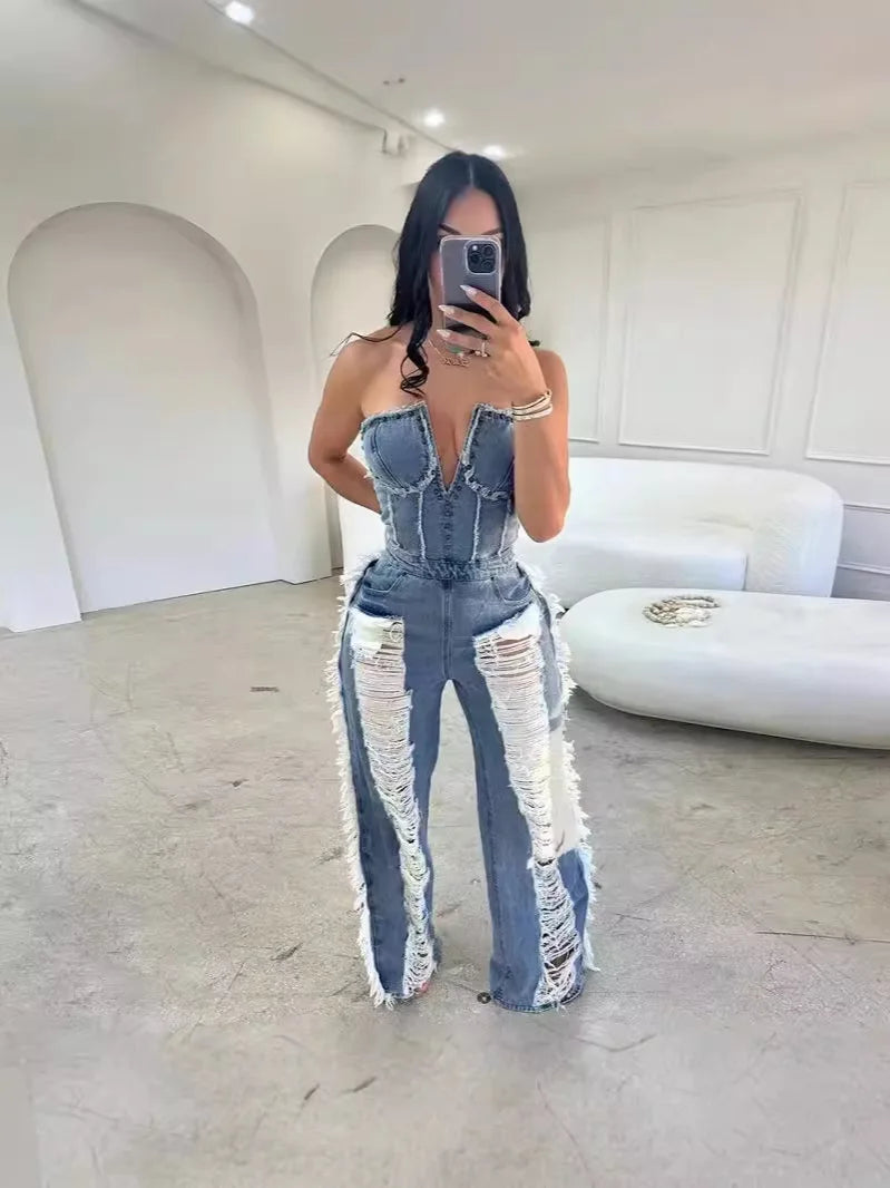 Tassel Hollow Out Overalls For Women Studded Diamond Strapless Backless Jeans Street Fashion Trend Jumpsuite Femme