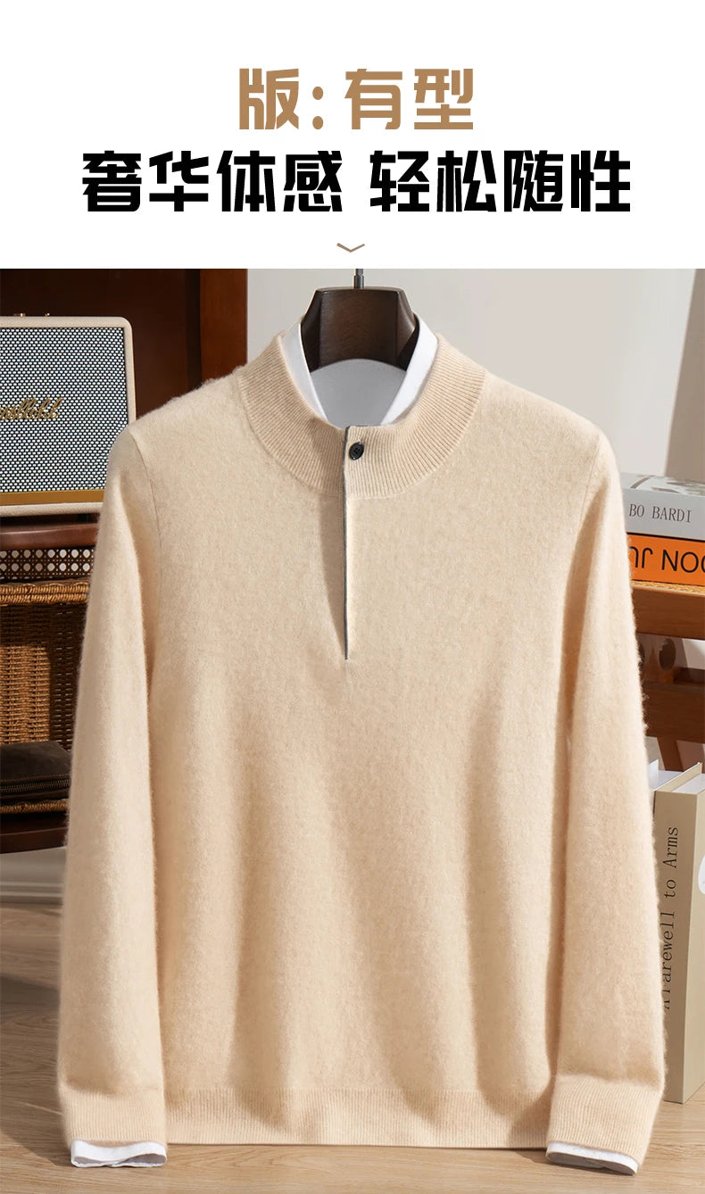 Autumn Winter New Men's Half High Collar Pullover 100% Cashmere Knitted Sweater Casual Business Solid Color Long Sleeve Clothing