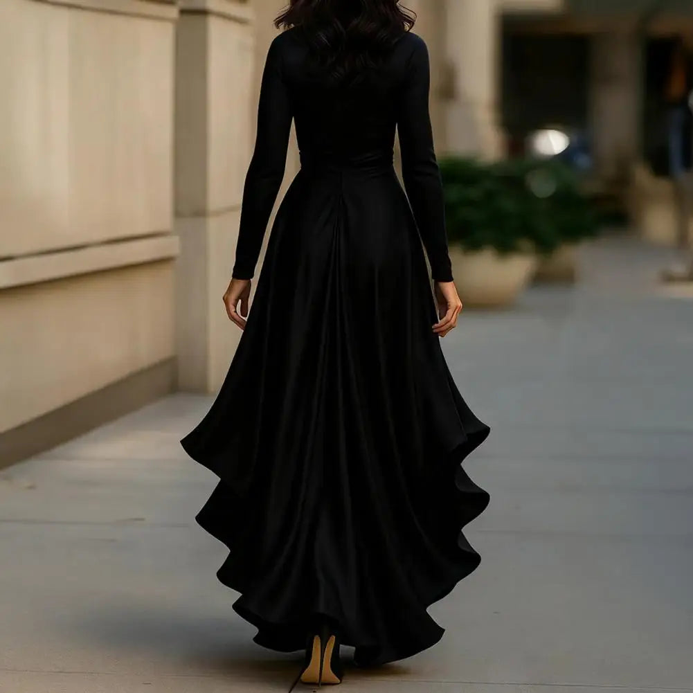 2026 Evening Dress Women Long Sleeve V Neck High Waist Slim Fit Ruffle Solid Color Elegant Fashion Party Spring Autumn Dress 80%