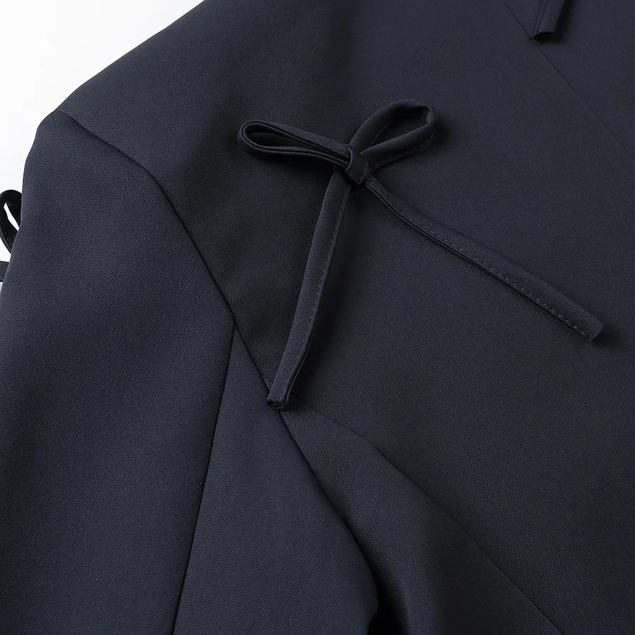 Women's Solid Color Oversized Blazer Bow Detail Lapel Collar Button Casual Jacket Stylish Elegant Office Lady Streetwear Coat