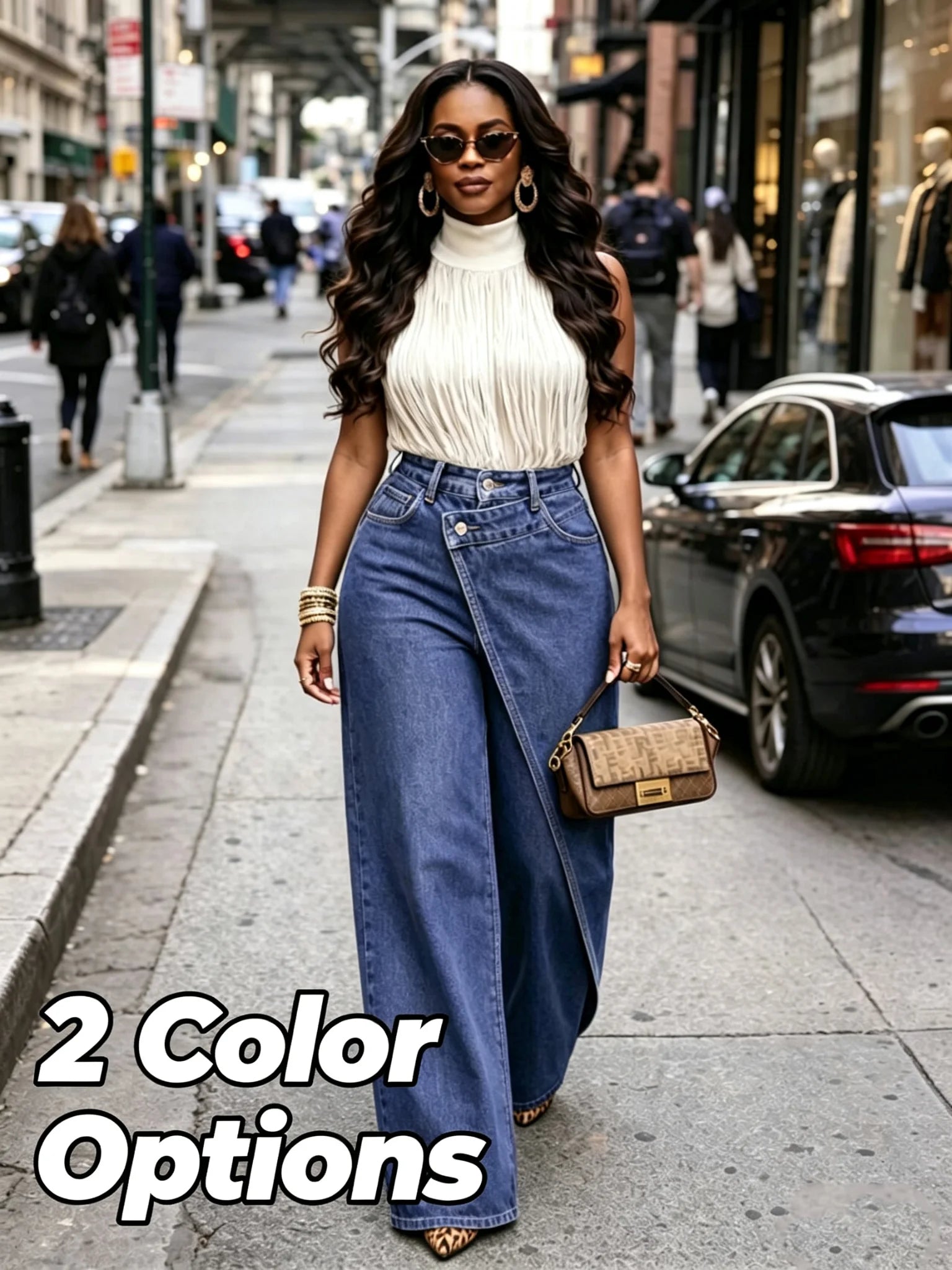 2026 New Women High Waist Wide Leg Jeans Asymmetrical Wrap Front Design Loose Straight Denim Pants Casual Office Wear Trousers