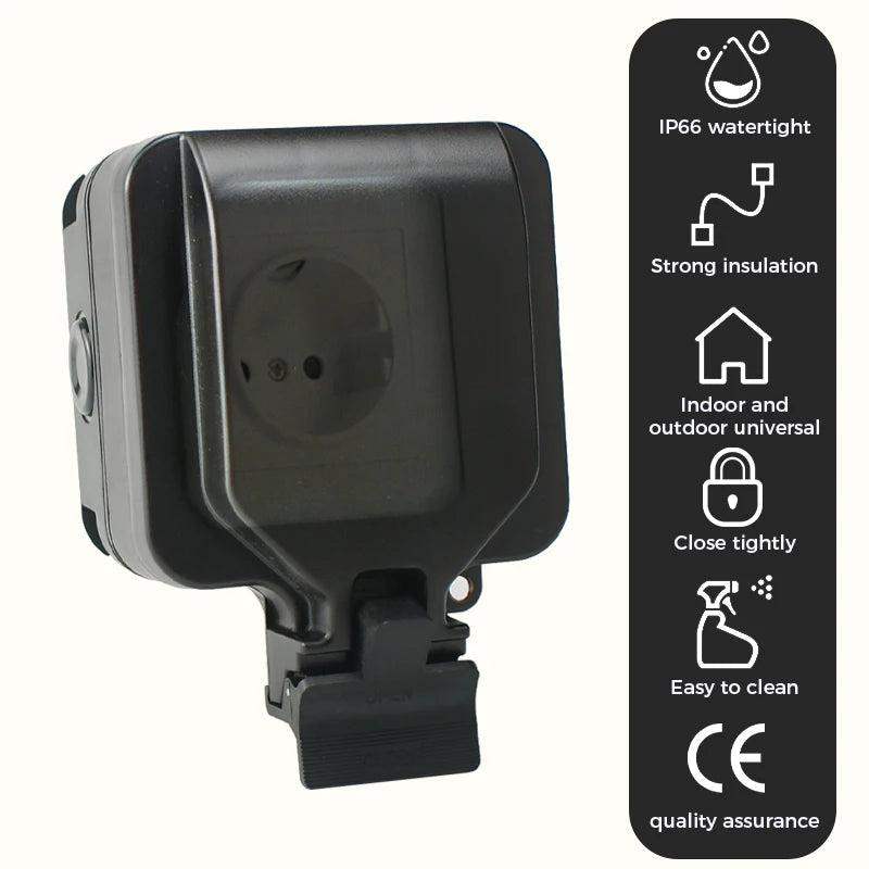 Avoir EU Standard Power Socket IP66 Weatherproof Black Box 16A Outdoor Electrical Outlet With Indicator Wall Dustproof Plug 220V