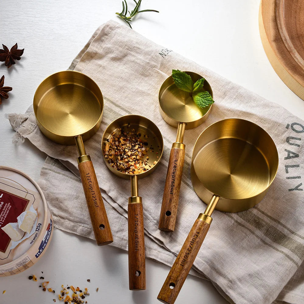 4pcs Golden Measuring Cups and Spoons Set Stainless Steel Measuring Cups Spoons Set with Wooden Handle Baking Kitchen Gadgets