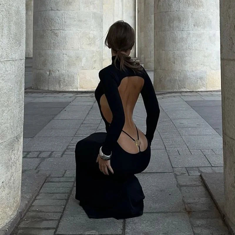 Ladies Autumn Elegant Evening Party Dress Women Long Sleeve Backless Bodycon Maxi Dresses Night Clubwear Streetwear Fall Outfits