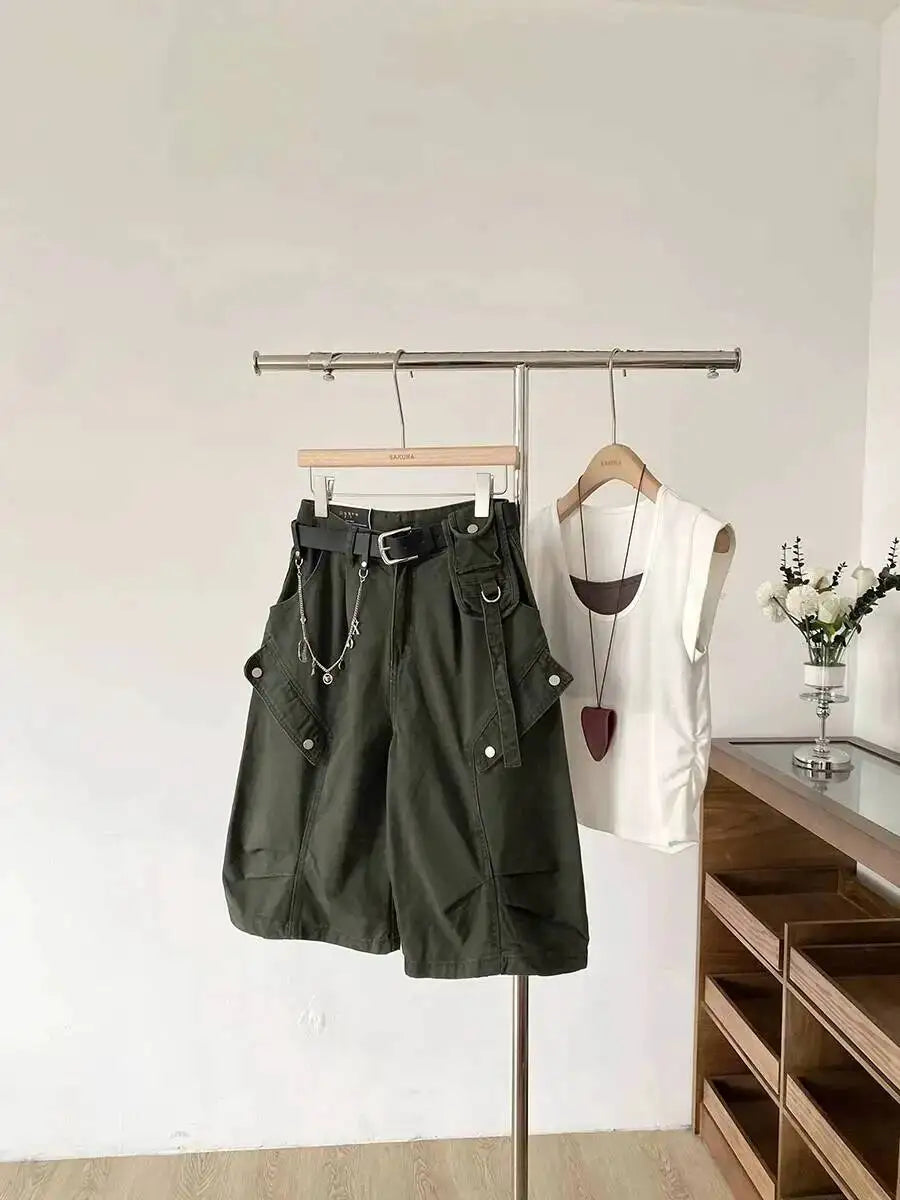 Women Denim Shorts 2026 New Summer Women's High Waist Slim Denim Cargo Pants Wide Leg Capri Pants Versatile Trousers