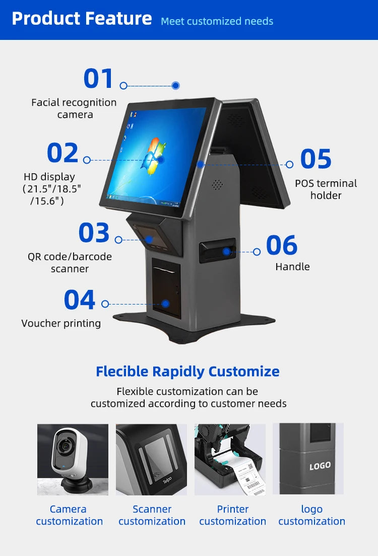 15.6Inch Desktop Self Service Kiosk Touch Screen Printer Scanner POS Holder Payment Kiosk Windows/Android for Shop Pharmacy