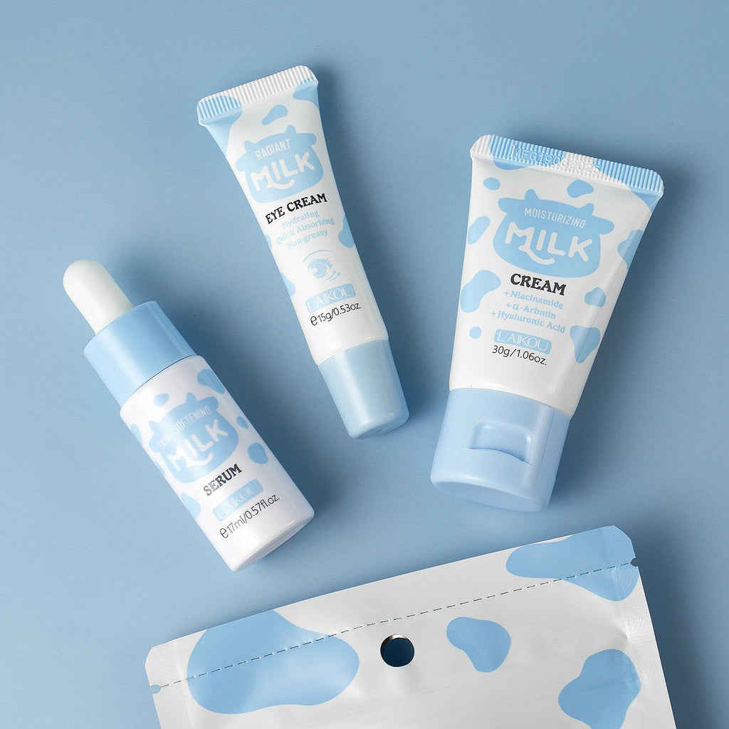 LAIKOU Milk Glowing Trio Set Deep Nourishment Kit Hydrating Skincare Non-Greasy Serum Eye Cream Moisturizer Gift Set