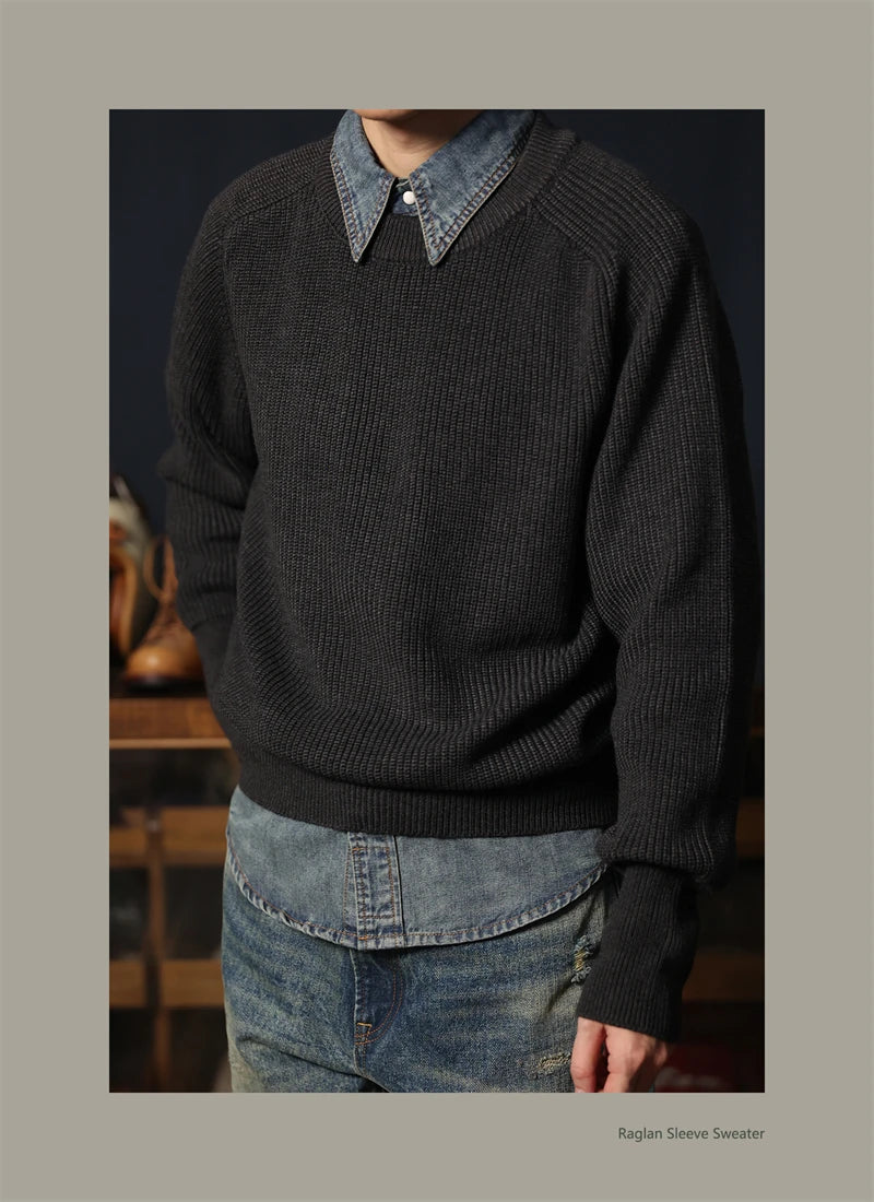 Classic Raglan Sleeve Crewneck Sweater Vintage Style Men's Wool Blend Knitted Pullover Jumper Thick
