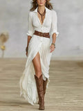 Woman Dresses 2025 French Retro V Neck Belted Slim Pleated Long Dress Autumn Single Breasted Long Sleeve Slit Bohemian Dress