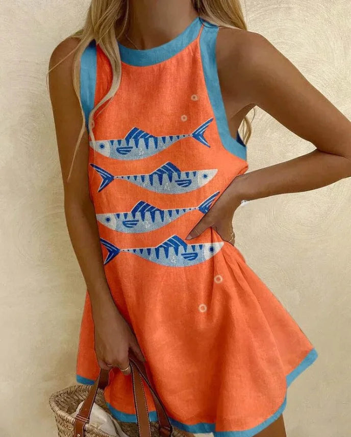 Summer Casual Printed Dress For Women's Sleeveless Round Neck Fashion Dresses Beach Holiday Sundress Party  Vestidos Para Mujer