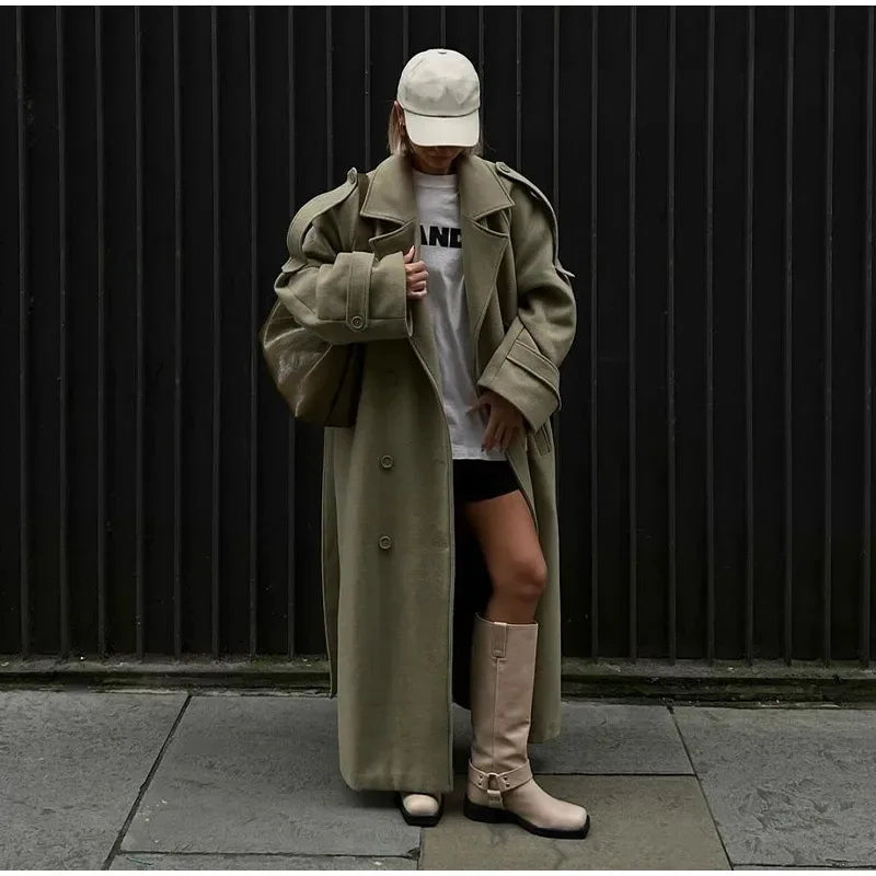 Whisper Lumi Vintage Double Breasted Lapel Women Long Coat Elegant Loose Jacket With Belt Autumn Casual Ladies Streetwear