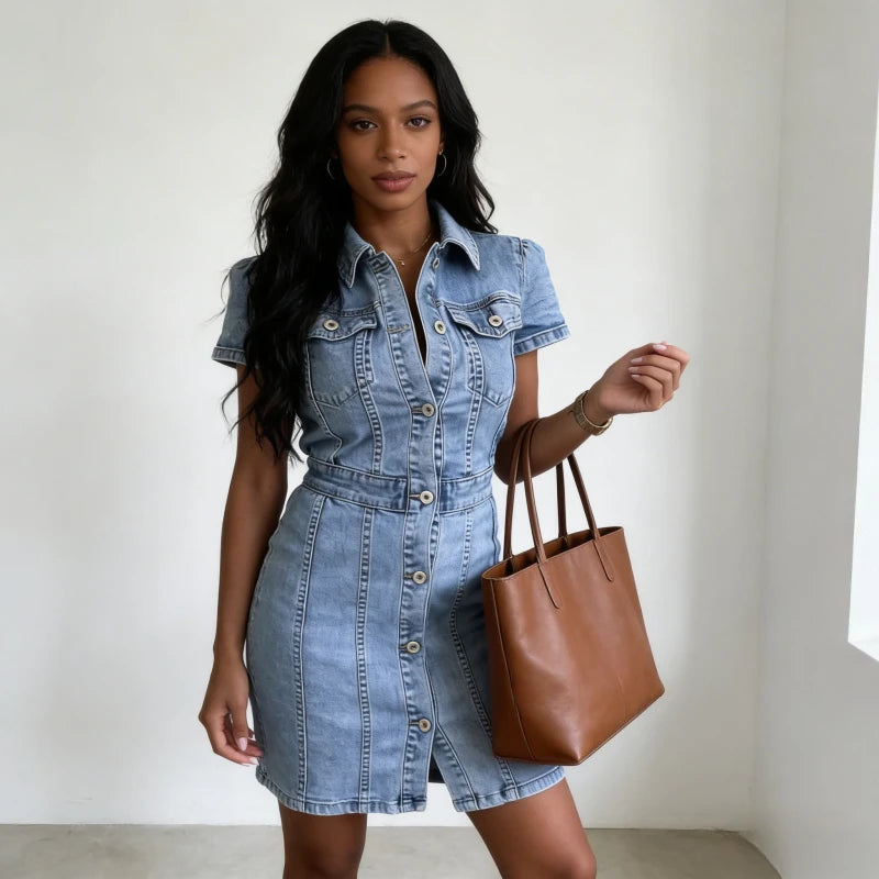 Women Denim Dresses Single Breasted Dress Turn Down Collar Streetwear Wrap Hip Vestidos Casual Short Sleeve Slim Fit Summer