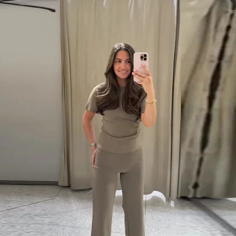 Sexy Solid Top Trousers Set Women Short Sleeve Backless Tops Long Slim Pants Sets Female 2026 Chic Summer Autumn Lady Suits New