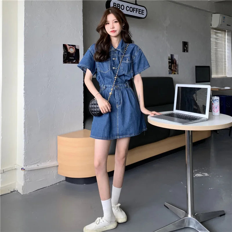 Women Vintage Denim Shirt Dress High Waist A-line Jean Mini Dress for Ladies Retro Y2K Streetwear Dresses for Women Party Outfit