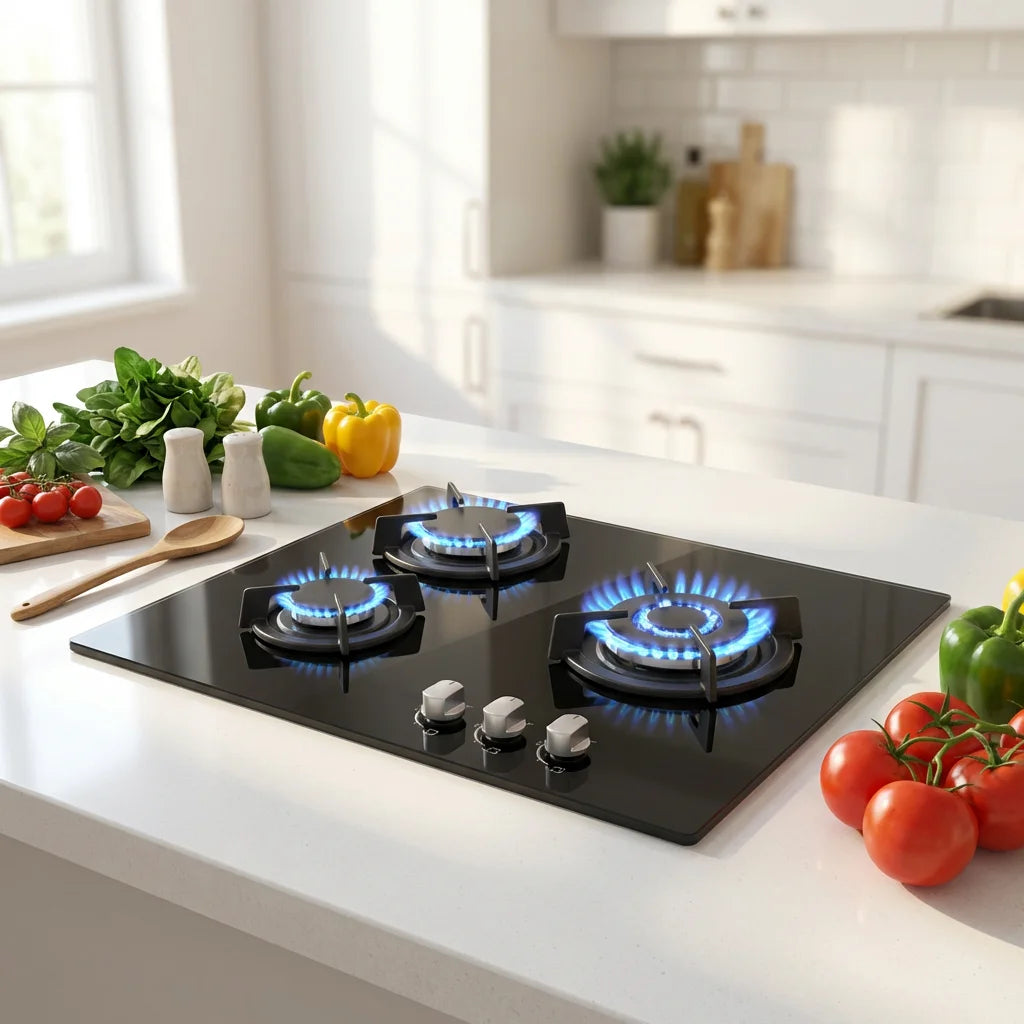 3 Burner Built-in Gas Hob 60cm Black Tempered Glass LPG Gas Cooktop with Timer Knob Control Kitchen Stove