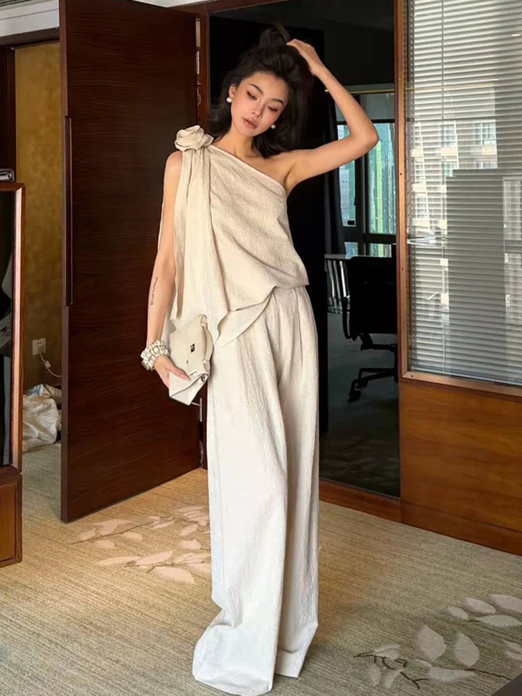 Elegant Off-Shoulder 3D Flower Top Women's Loose Casual Wide Leg Pants Two-Piece Set High Waist Long Pants Polyester Fiber