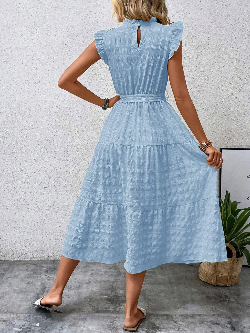 Elegant Women's Summer New Fashion Wooden Ear Edge Flying Sleeve Lace Up Texture Dress Purple  Sleeveless Lace Up Long Dresses