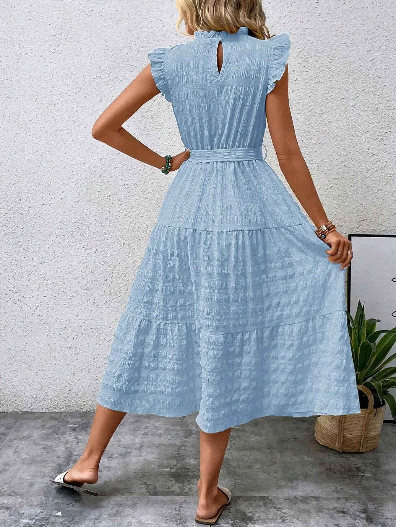 Elegant Women's Summer New Fashion Wooden Ear Edge Flying Sleeve Lace Up Texture Dress Purple  Sleeveless Lace Up Long Dresses