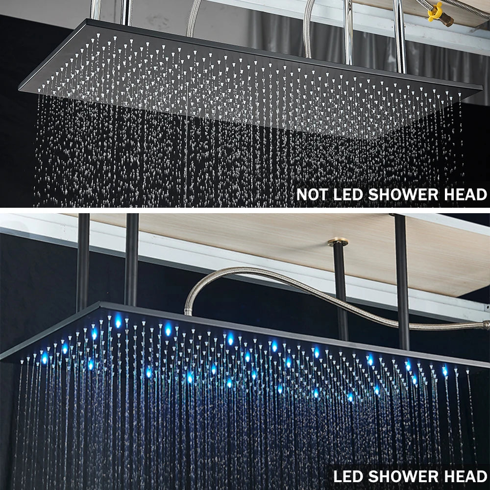 Rozin Brass Thermostatic Shower Faucet Black 40*80cm Ceiling Rainfall Shower Head Mixer Tap Concealed Install Bathroom Faucets