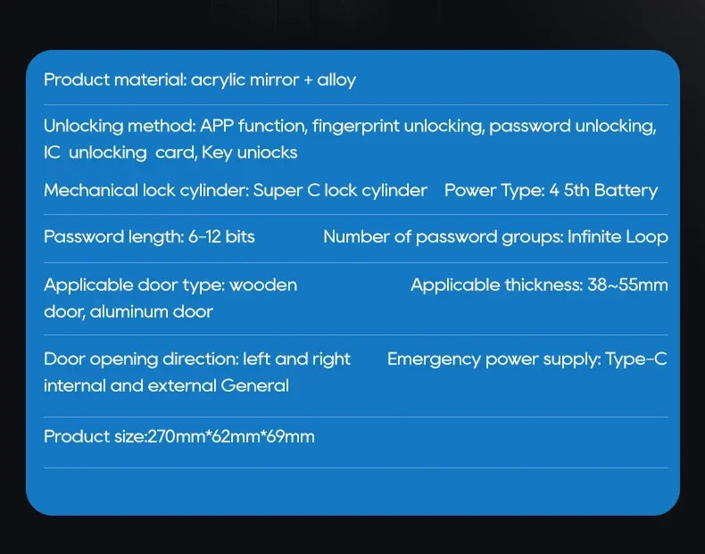 Smartlock Fingerprint Biometrics Smart Electronic Door Locks Application Control Smart Card Key Entry and USB Emergency Charging