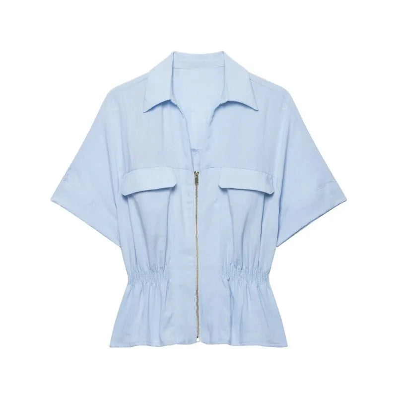 Women's Pants Set New 2026 Summer Zipper Safari Shirt High Waist Wide Leg Trousers with Elastic Waist 2 Piece Set Female Outfit