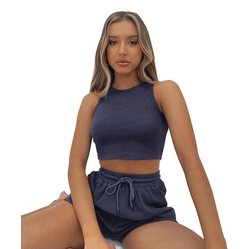 Women Shorts Outfit Solid Sleeveless Ribbed Crop Tank And Drawstring Shorts Casual Tracksuit Workout Set 2 Piece Lounge Set