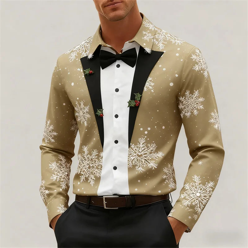 Men's Christmas long-sleeved shirt, 3D high-definition printed Christmas tree pattern, lapel button men's shirt, party wear