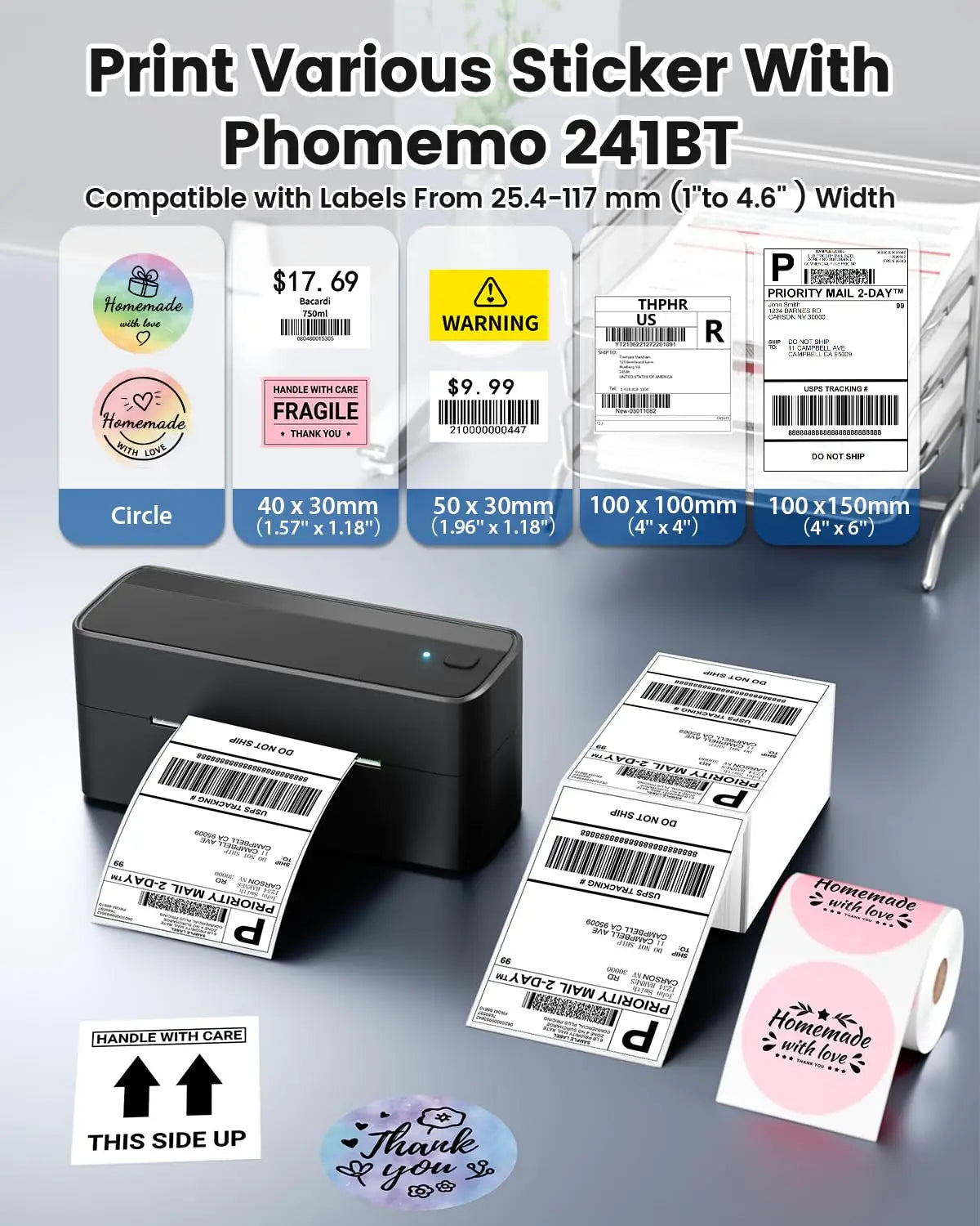 241BT 4X6 Wireless Thermal Label Printer for Small Business, Bluetooth Labels Printers for Shipping Package,