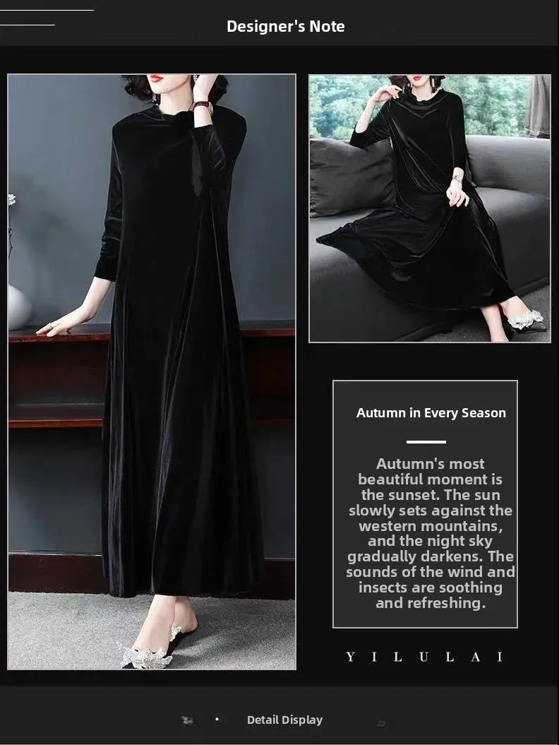 Elegant Velvet Long Dress for Middle-Aged And Elderly Women Autumn New Style Korean Version Loose Fit Long Sleeve Dress