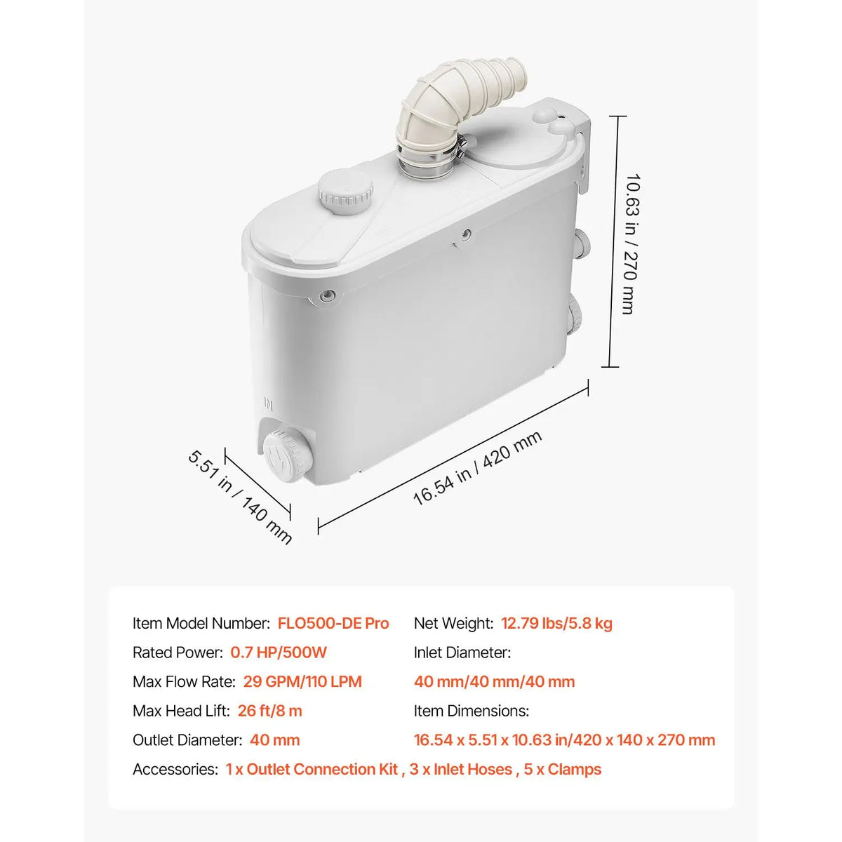 Macerator Pump, 500W, 29 GPM Flow, 26 ft/8 m Head, Macerator Sewerage Toilet Pump with 4 Water Inlets, Waste Water Disposal Upflush Machine for Kitchen, Basement, Shower, Sink, Laundry, Bathtub