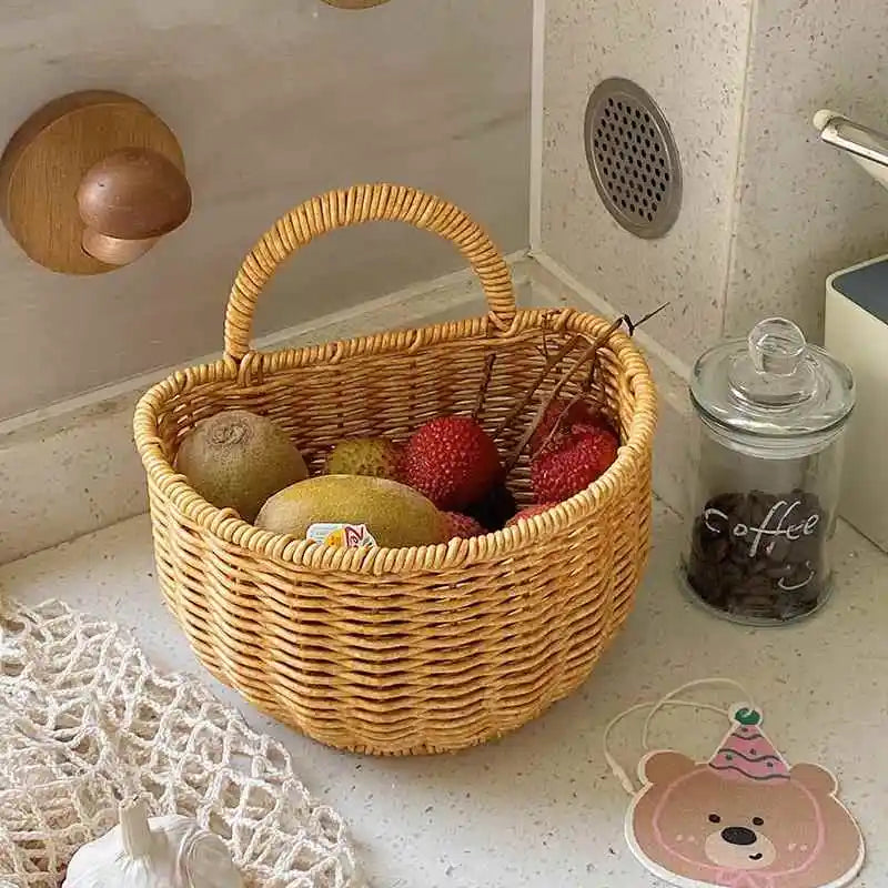 Kitchen Storage Basket With Handle Cute Wall Hanging Woven Basket Kawaii Hanging Storage Basket Kitchen Sundries Organizer