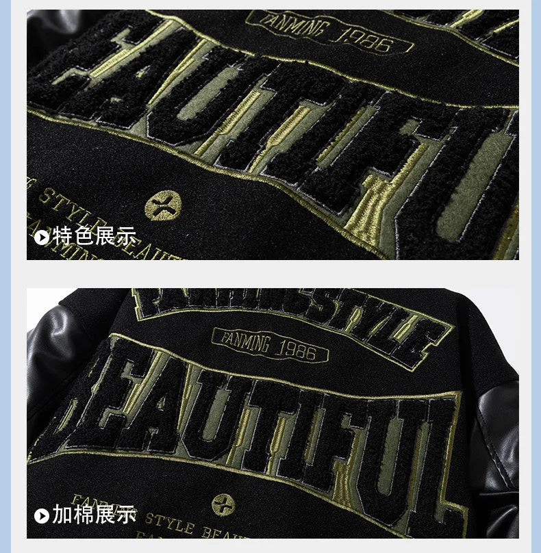 Vintage Letter Embroidered Baseball Jacket Cotton Coat Men's Winter Leather Sleeve Patchwork Woolen Thicken Overcoat