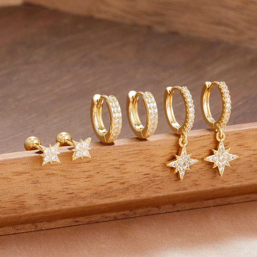 3 Pairs Stainless Steel Zircon Hoop Earrings Set Trendy Twinkle Star Ear Stud Earring Jewelry Prevent Allergy Party Accessories