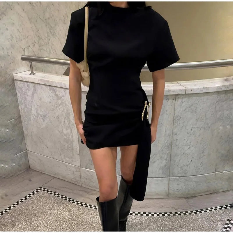 Elegant Mini Dress Woman Ribbons Slim O-neck Short Sleeve Above Knee Dresses Female Spring Summer Party Robe Lady High Street