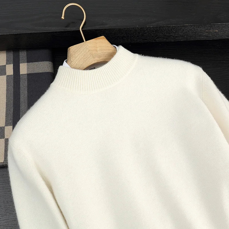 Autumn/Winter Men's 100% Cashmere Pullover Business Casual Solid Knitted Sweater Loose Half High Neck Tops Thick Warm Jumper