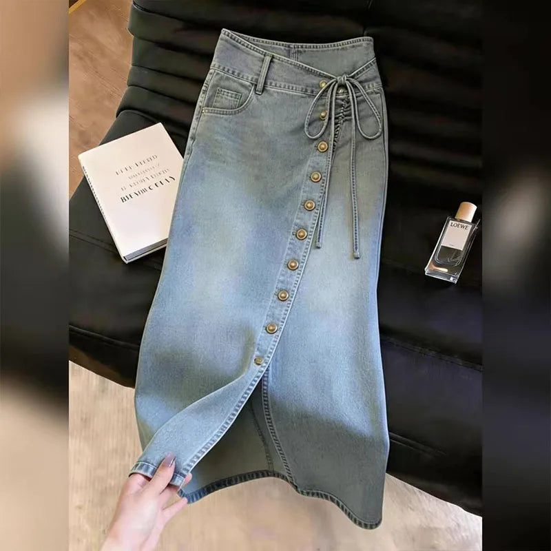 Side Slit Denim Long Skirts Womens Summer Vintage Floral Embroidery Jeans Pencil Skirt Bandage High Waist Women Long Skirt