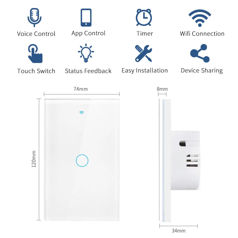 Wifi+Bluetooth Touch Light Switch No Neutral Wire &Neutral Wire US Touch Panel Wall Switches Works with Tuya Smart Life App