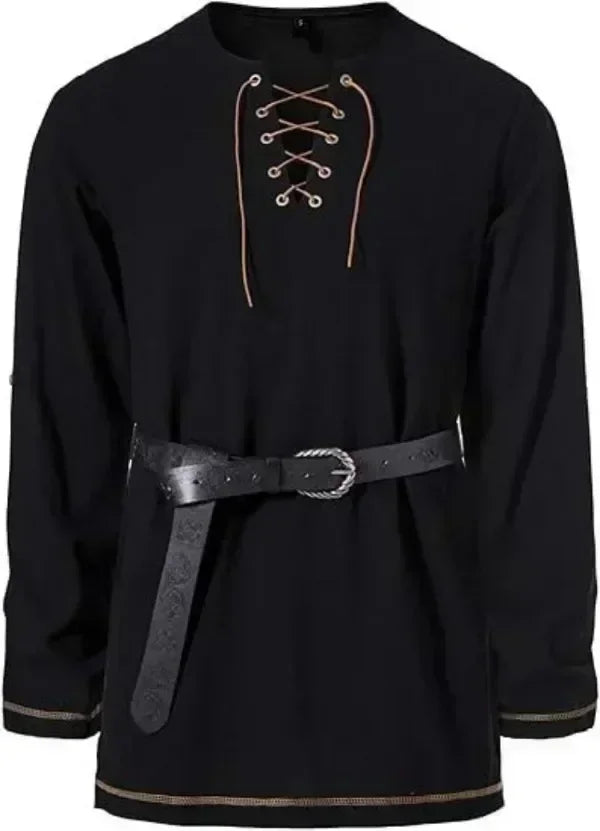 Men Medieval Lace Up Linen Long Sleeve Tunic Viking Pirate Renaissance Cosplay Shirt With Vintage Embossed Leather Belt