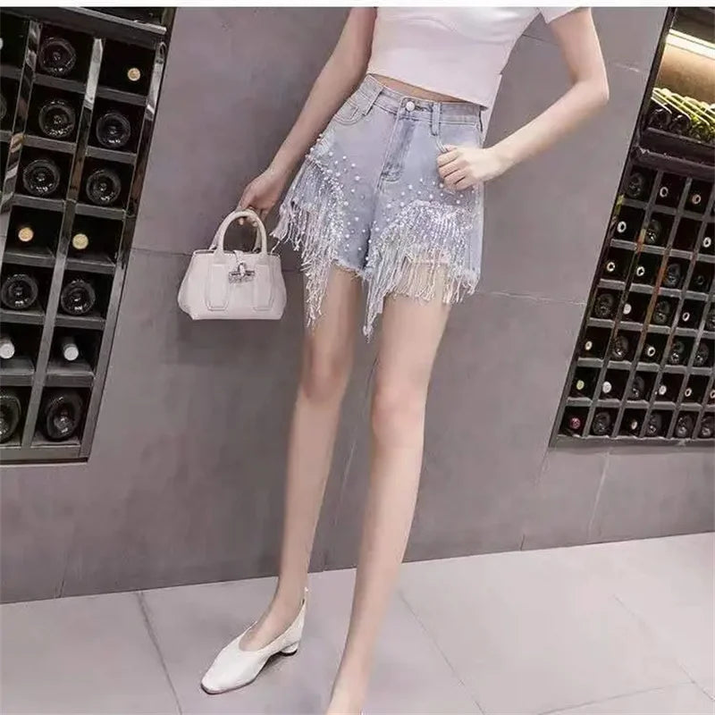 2026 Summer New Personalized Denim Shorts for women's High waisted Diamond Studded Heavy industry Sequin Tassel Fashion Shorts