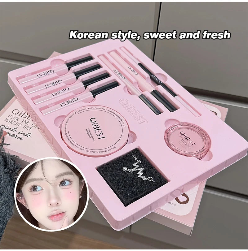 Multipurpose Makeup Set 4PC Liquid Lipstick,1 Pressed Powder,1 Face Blush,1 Eyeliner,1 Mascara,1 Eyebrow Pencil Korean Cosmetics