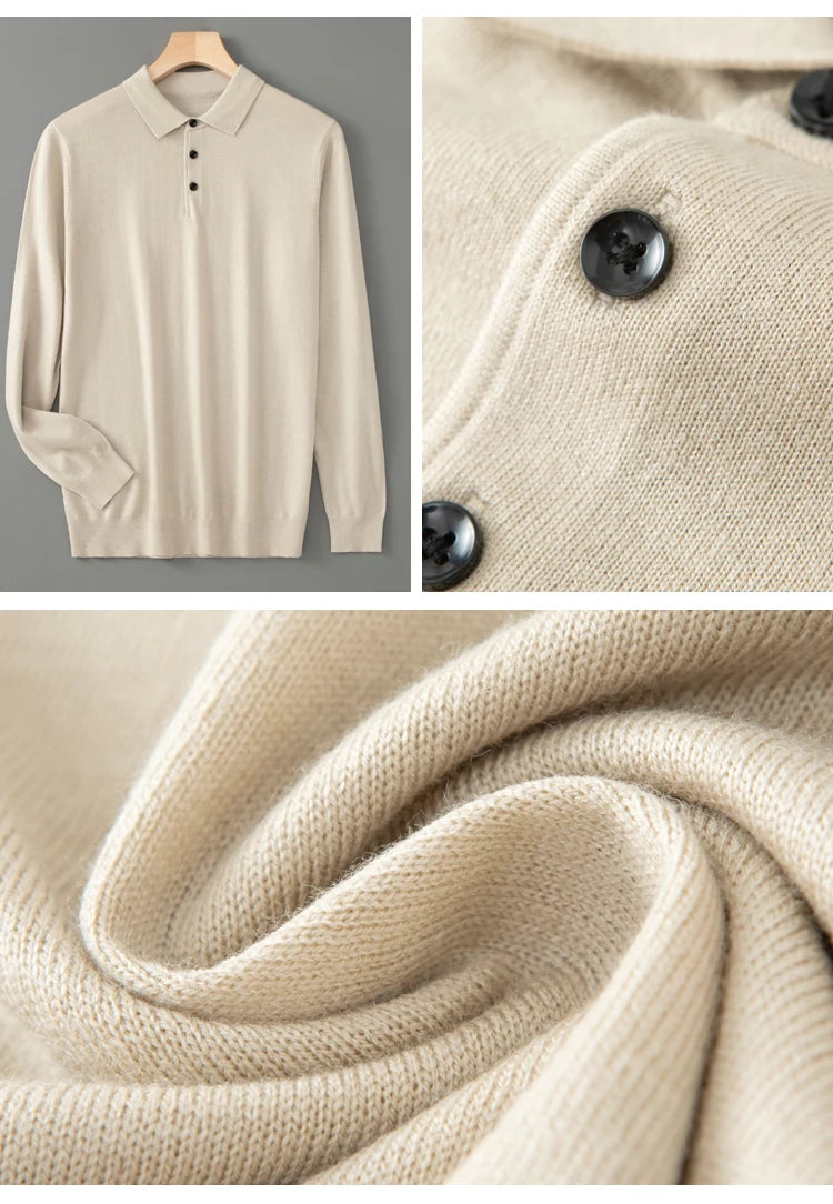 Men's Worsted Wool Kknit Pullover, Business Casual Polo Neck Sweater, Monochromatic Loose Top, Autumn and Winter Fashion, New