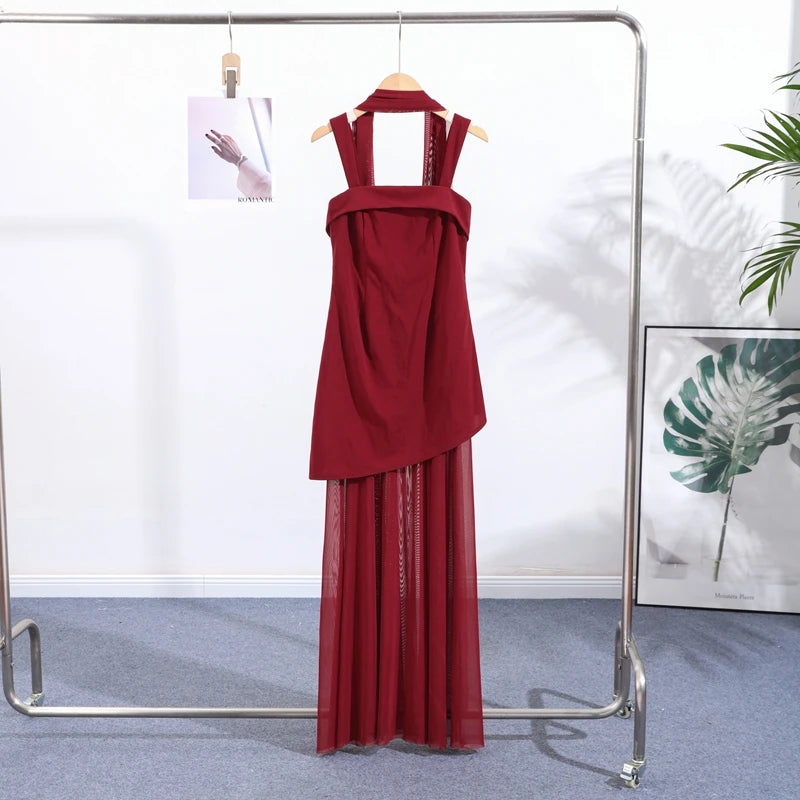 Fashion Ribbon Halter Party Dress Women's Patchwork Sleeveless Square Collar Solid Slim Dresses 2026 Spring New Lady Robes