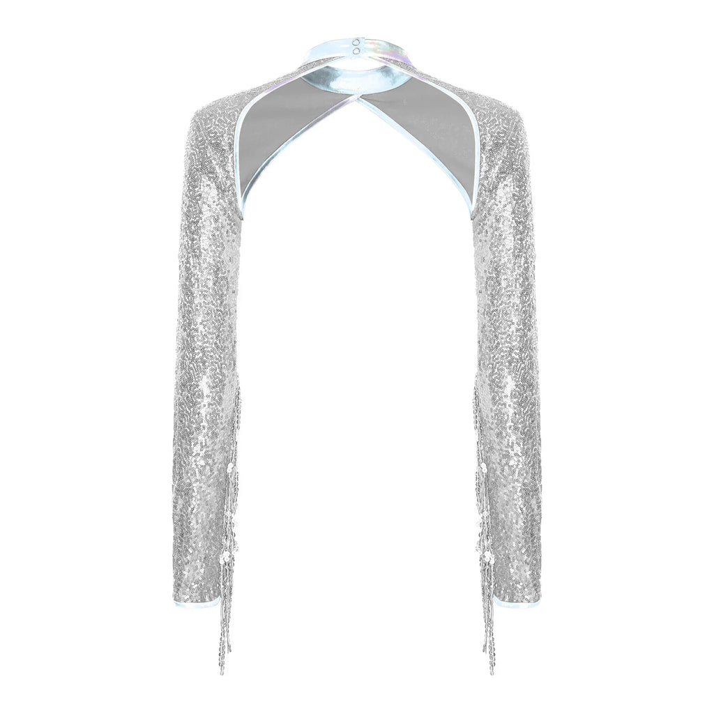 Womens Glitter Sequin Fringe Bolero Long Sleeve with Tassel Allover Sequin Shrugs Shawls Cropped Cardigan for Music Raves Party