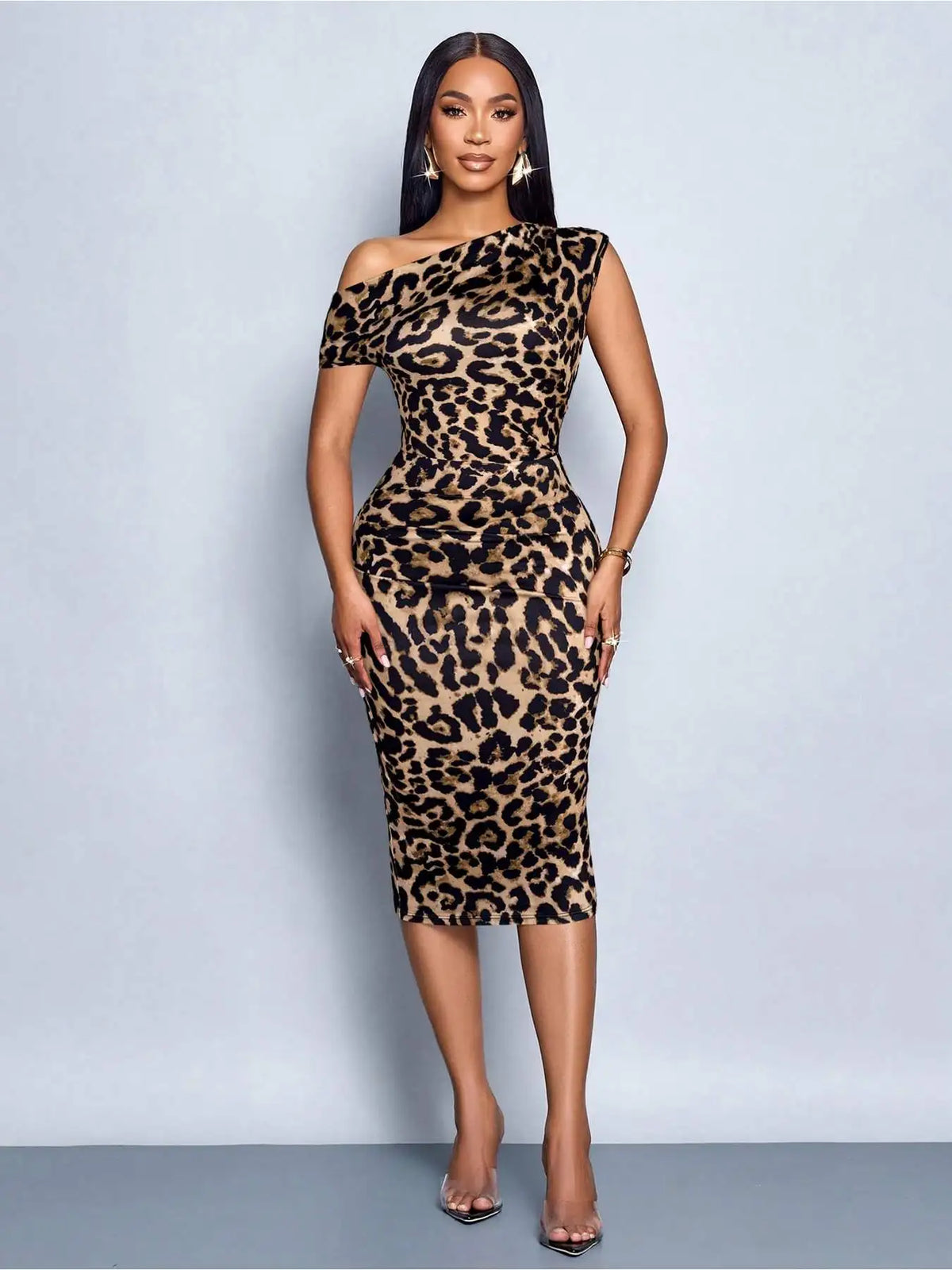 Women's Leopard Print Dress Casual Elegant One Collar Waist Short Sleeved Long Skirt Fashionable Casual Wear