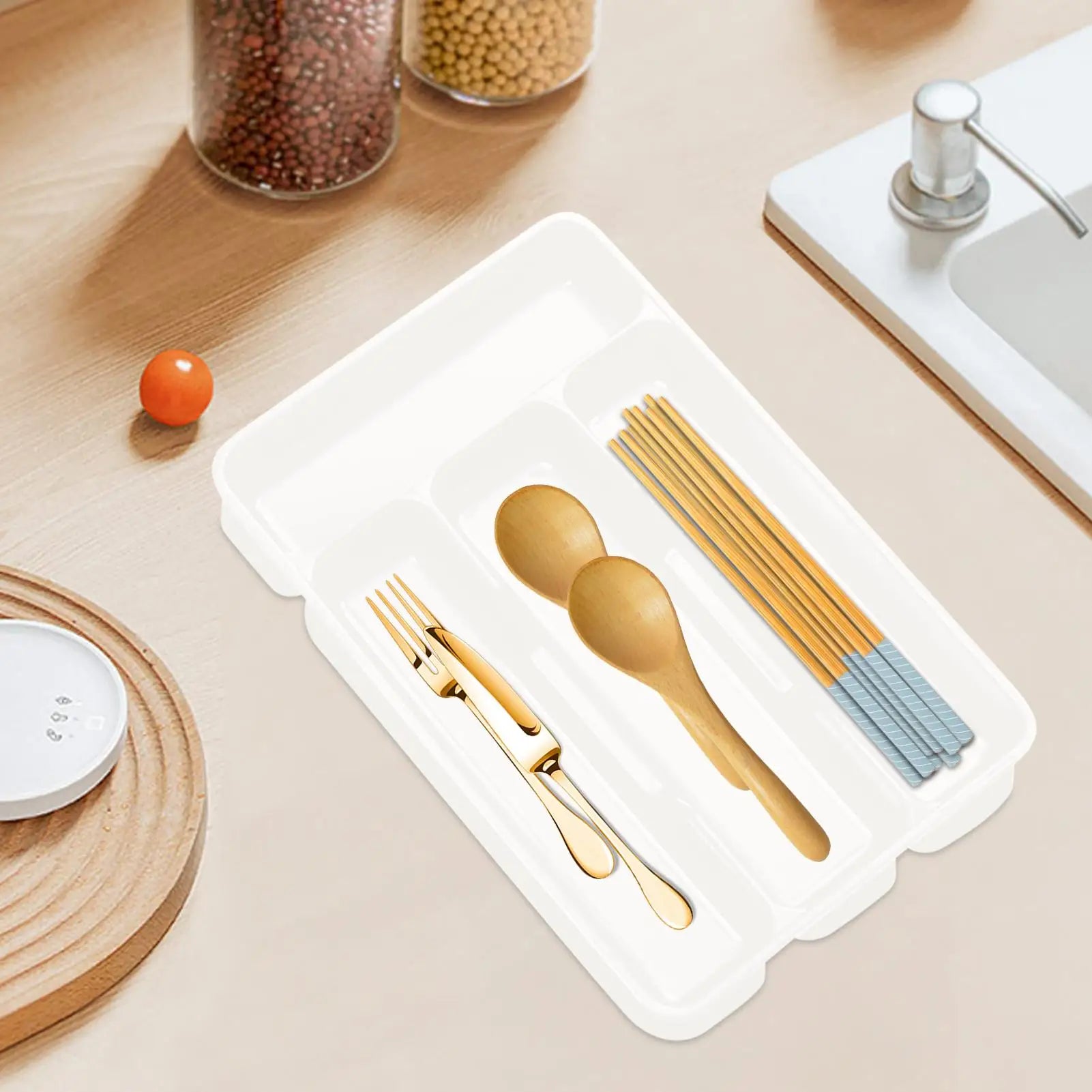 Compact Silverware Organizer with 4 Compartments Flatware Holder, Kitchen Cabinet Countertop Storage Solution Home College Use