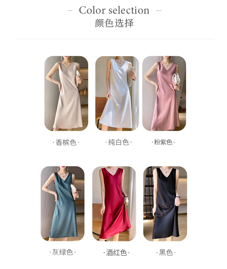 LHZSYY Silk Satin Front/Back V-neck Sling Dress Women's Sleeveless Waistcoat Top Spring Summer New Mulberry Silk Hip Long Skirts