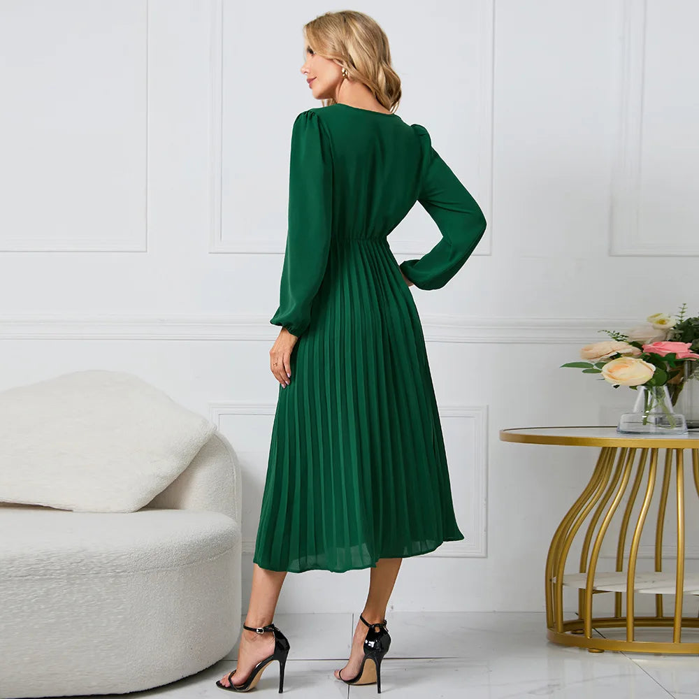 Elegant Women's Green Chiffon Autumn/Winter Long Sleeve Slim Fit Pleated Dress Fashion Women's V-neck Belt Party Dresses S-2XL