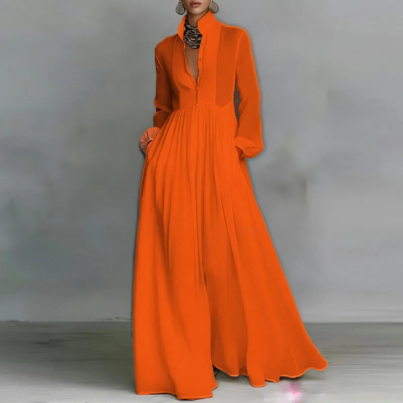 French Elegant High Waist Swing Long Dress Woman Spring Solid Pockets Pleated Maxi Dress Autumn Long Sleeve Button Evening Dress