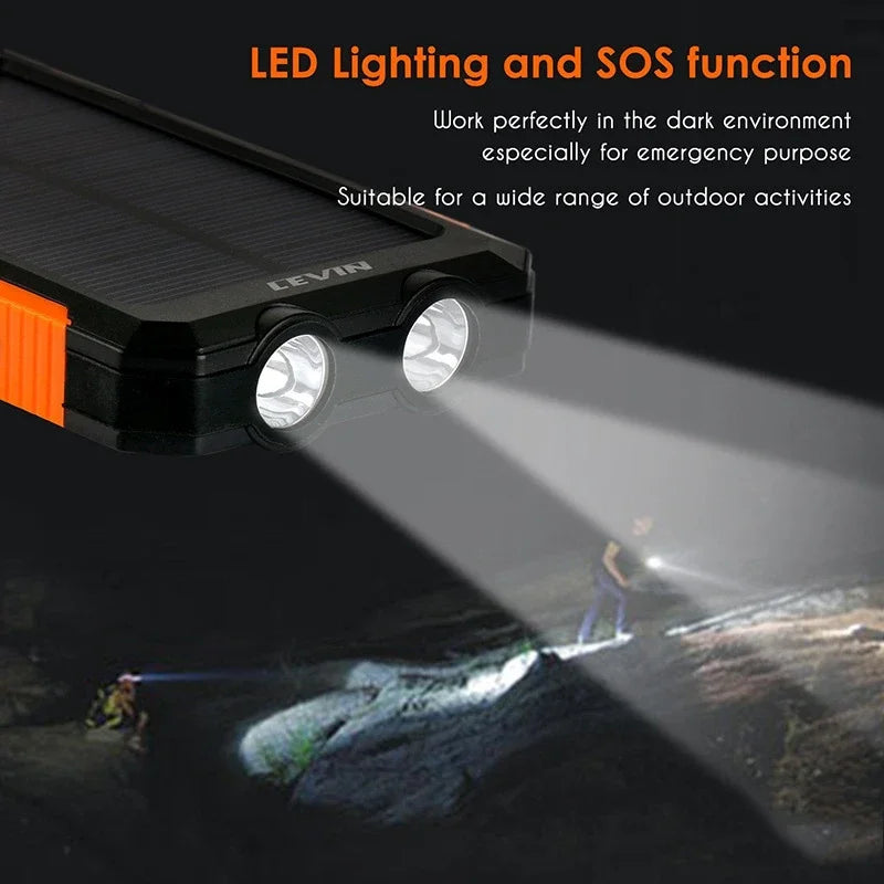 200000mAh Solar Power Bank Waterproof Portable Solar Panel Powerbank External Battery Charger Powerbank with LED Camping Light